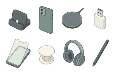 Collection of modern smartphone accessories including dock and headphones