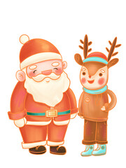 Cartoon Santa Claus and Reindeer Flat Illustration
