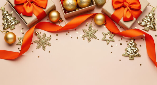 Festive christmas composition with golden ornaments, gift boxes, and red ribbon on beige background for holiday celebration