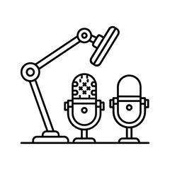 Podcast studio setup with two microphones on stands, isolated on