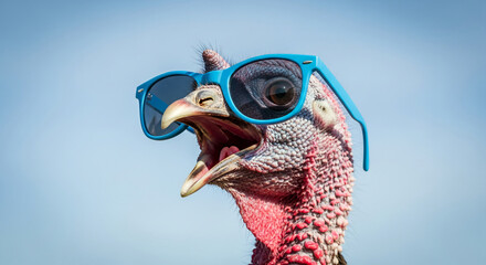 Close-up of a turkey head wearing blue sunglasses, against a light blue background, representing humor, oddity and festive season, with comedic tone