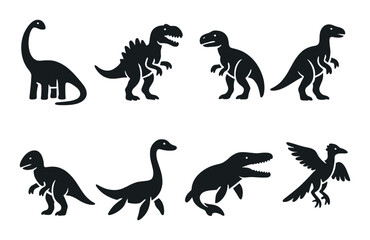 Silhouette collection of various dinosaur species on dark background
