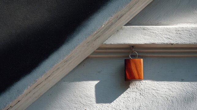 Small wooden keychain hanging from the side of a white wall. the keychain is rectangular in shape and appears to be made of wood with a smooth finish.