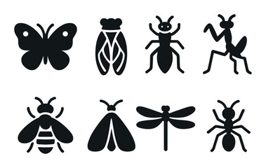 Silhouette icons of insects: butterfly, cicada, ant, praying mantis, bee, moth, dragonfly
