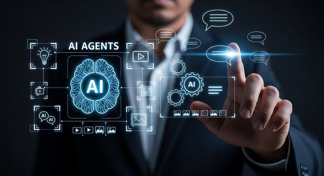 Businessman interacting with futuristic artificial intelligence brain interface technology