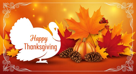 Orange backdrop featuring fall foliage, a pumpkin and pine cones. Contains a white turkey silhouette with "Happy Thanksgiving" text, celebrating tradition.