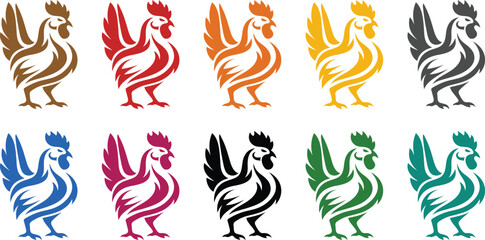 Fototapeta premium Colorful stylized roosters in a line chicken art, Multicolor rooster bird icons for design