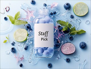 A refreshing composition featuring blueberries, lime slices, mint leaves, and water splashes around a bottle labeled 'Staff Pick'.