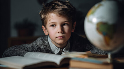 A child does homework and looks at a globe.