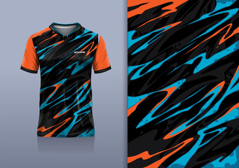 T-shirt mockup abstract texture grunge sport jersey design for football, soccer, racing, esports, running, black orange blue color
