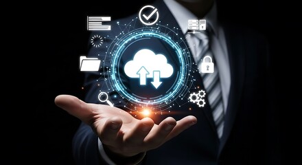Businessman holding a glowing cloud computing icon with digital data and network connections