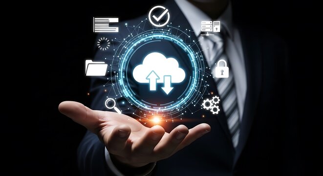Businessman holding a glowing cloud computing icon with digital data and network connections