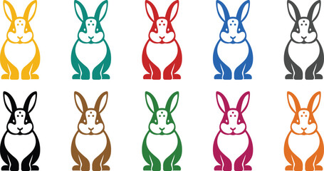 Stylized rabbit icons in multiple colors assortment, Colorful rabbit silhouettes for creative projects