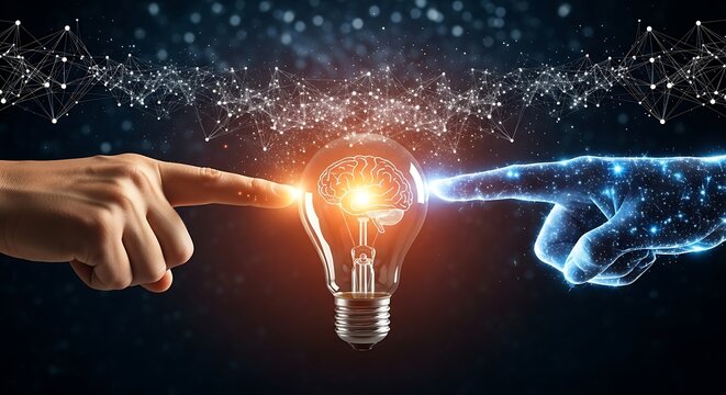 Human and ai collaboration ignites innovation with a glowing lightbulb