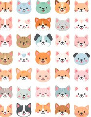 Playful Cartoon Animal Faces: A Colorful Pattern of Cats and Dogs on White Background