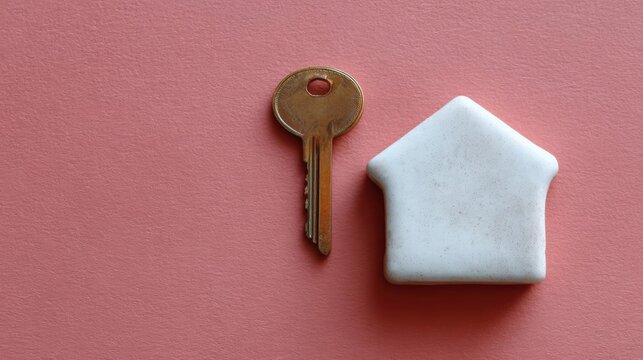 Key and a small white house-shaped object on a pink background. the key is on the left side of the image and the house is in the center.