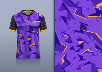 T-shirt mockup with abstract stripe lines grunge sport jersey design for football, soccer, racing, esports, running, in purple yellow color