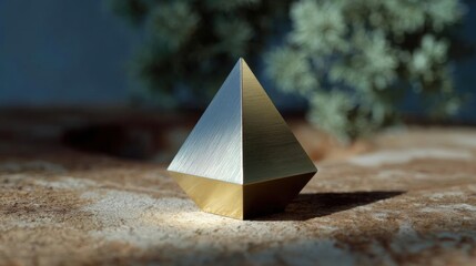 3d rendering of a pyramid-shaped object on a concrete surface. the pyramid is made of a metallic material, possibly gold or silver, and has a triangular shape with a pointed top.