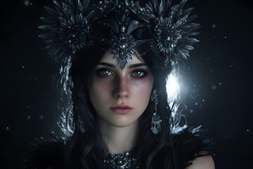 Dramatic dark fantasy portrait of a beautiful gothic woman wearing an elaborate silver crown and black feathers looking at camera with mystical bokeh lighting
