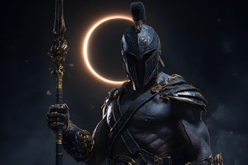 Dark cinematic fantasy portrait of a strong Spartan warrior or Greek god Ares wearing detailed gold armor holding a spear with a glowing eclipse halo light in the background
