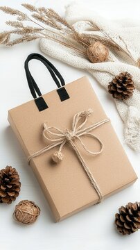 A brown gift box tied with twine and decorated with pine cones and dried grass, set against a white background with a knitted fabric.