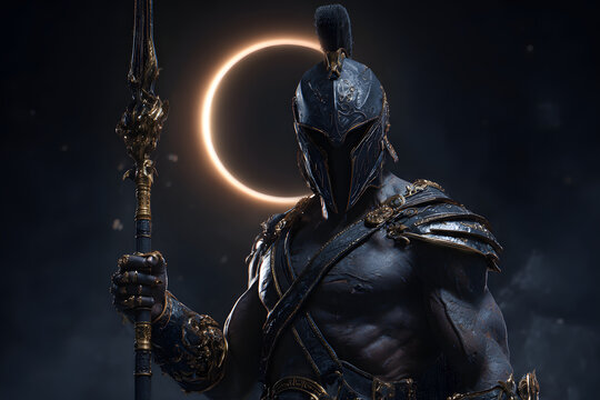 Dark cinematic fantasy portrait of a strong Spartan warrior or Greek god Ares wearing detailed gold armor holding a spear with a glowing eclipse halo light in the background