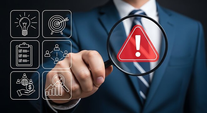 Businessman examines digital icons of innovation and a warning sign through a magnifying glass - Powered by Adobe