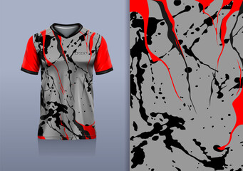 T-shirt mockup abstract texture grunge water splash sport jersey design for football, soccer, racing, esports, running, black gray red color