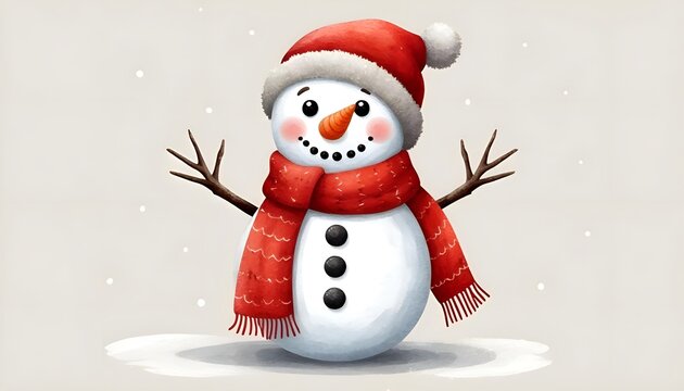 Snowman in Santa's red hat and knitted scarf funny and cheerful stands in the snow, New Year's greeting card
