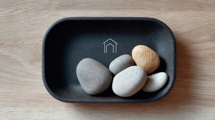 Black rectangular plate with a small white house icon on it. inside the plate, there are four small pebbles of different colors - one is light grey, one is white, and one is brown.