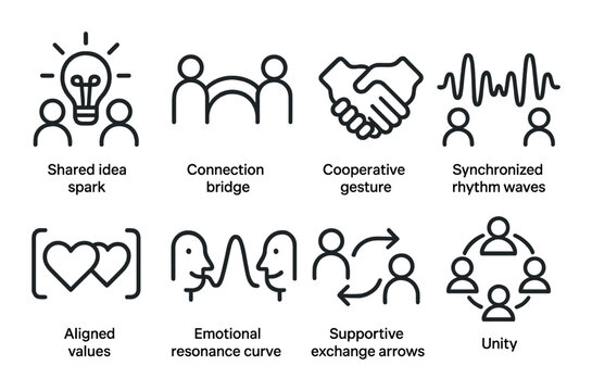 Pictogram set illustrating connection, cooperation, synchronization, and unity concepts