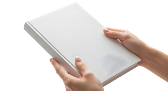 Hands holding a white book with a blank cover against a black background in a studio setting