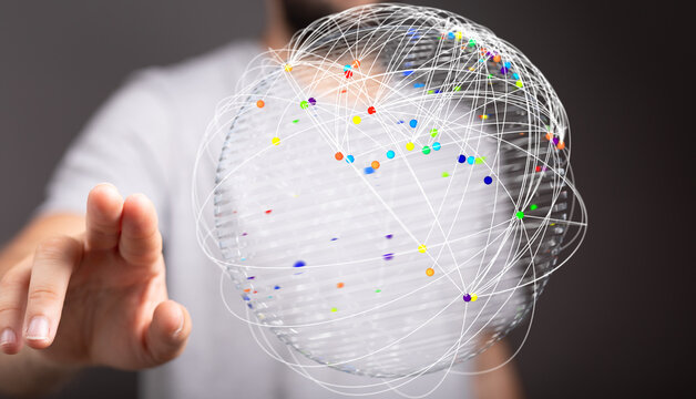 Abstract image of a person interacting with a network or internet globe, symbolizing global connection, data transfer and innovation. - Powered by Adobe