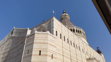 Nazareth, Israel, November 18, 2025 — Basilica of the Annunciation, side exterior view from top to bottom.