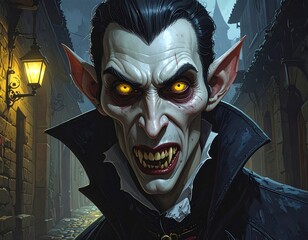 Intense portrait of a classic vampire in a spooky alleyway setting illustration