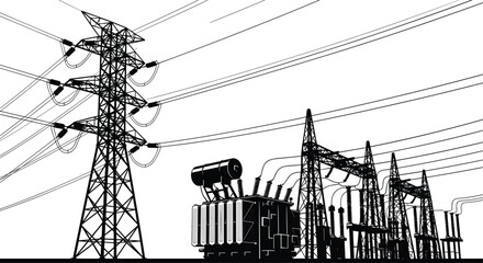 High voltage electrical substation vector illustration, power transmission tower, transformer and energy grid lines, black and white silhouette.