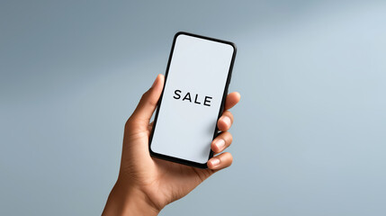 Female hand holding smartphone with SALE text on screen.