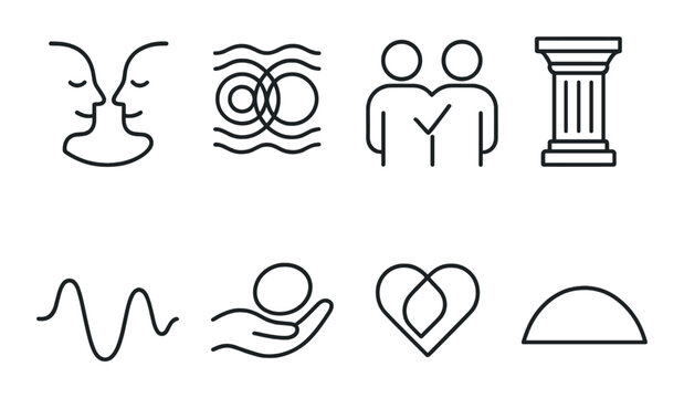 Minimalistic black icons of faces, waves, columns, sound, hands, hearts, and shapes on brushed metal background