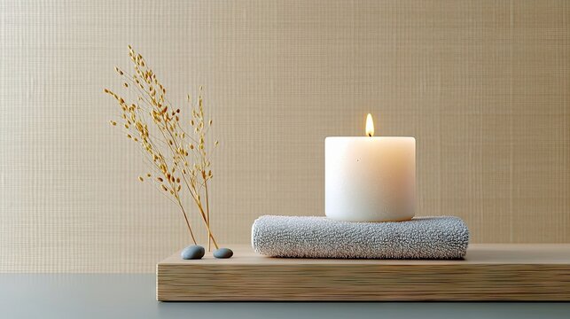 A serene spa arrangement featuring a lit white candle on a folded grey towel, accompanied by dried grass stalks and two small grey stones.