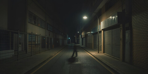 A blurred figure walks alone in a deserted urban alley at night