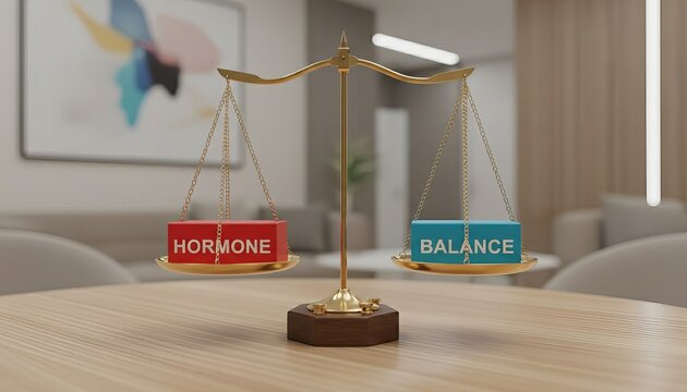 Scales holding two labeled boxes in words: ‘HORMONE’ and ‘BALANCE’