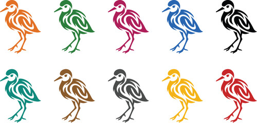 Stylized multicolor bird icons standing, Colorful bird silhouettes in assorted tones