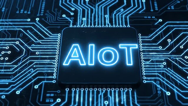 Futuristic AIOT concept on glowing blue microchip processor
