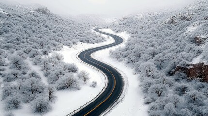 Fototapeta premium An aerial view of a winding asphalt road snaking through a snow-covered mountain landscape with trees frosted in white.