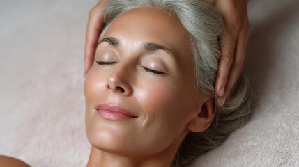 Naklejka premium Close-up portrait of a middle-aged woman lying on her back with her eyes closed and her head resting on her hands. she appears to be relaxed and enjoying a peaceful moment.