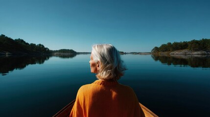 Fototapeta premium Elderly woman with white hair, wearing an orange sweater, sitting in a wooden boat and looking out over a calm lake. the woman is facing away from the camera, with her back towards the horizon.