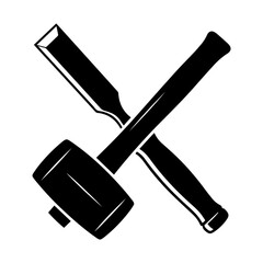 Crossed Mallet and Chisel Woodworking Tools Black and White Illustration.
