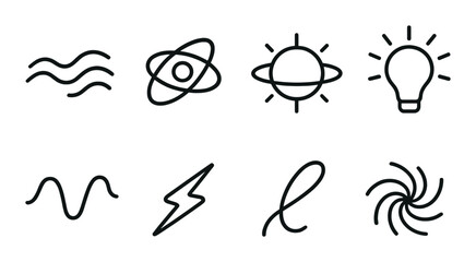 Set of eight science icons: atom, lightbulb, wave, energy, orbit, and more