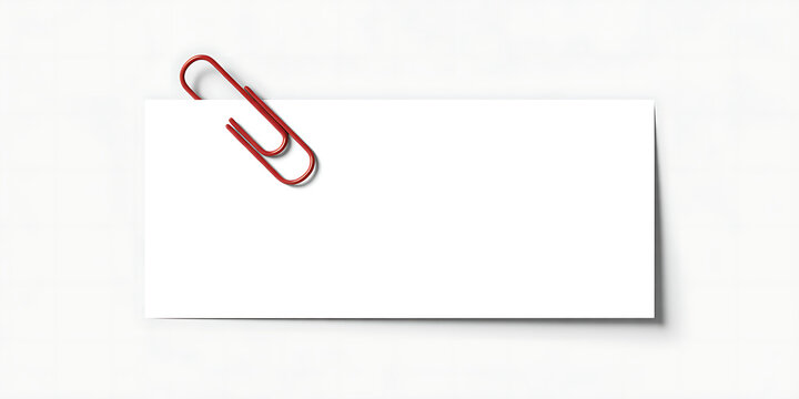 Red paperclip holding a blank white piece of paper isolated on white background