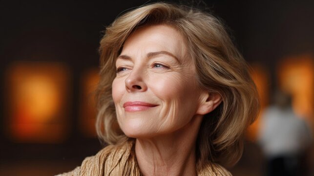 Close-up portrait of a middle-aged woman with shoulder-length blonde hair. she is looking up towards the sky with a peaceful expression on her face. - Powered by Adobe